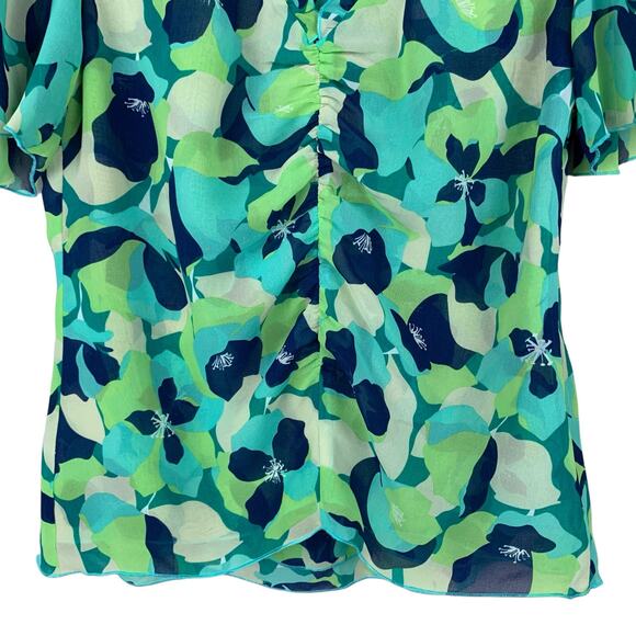 Cabi Trixie Top Blouse Green Blue Floral Short Puff Sleeves 6087 Women's XS - Picture 5 of 7